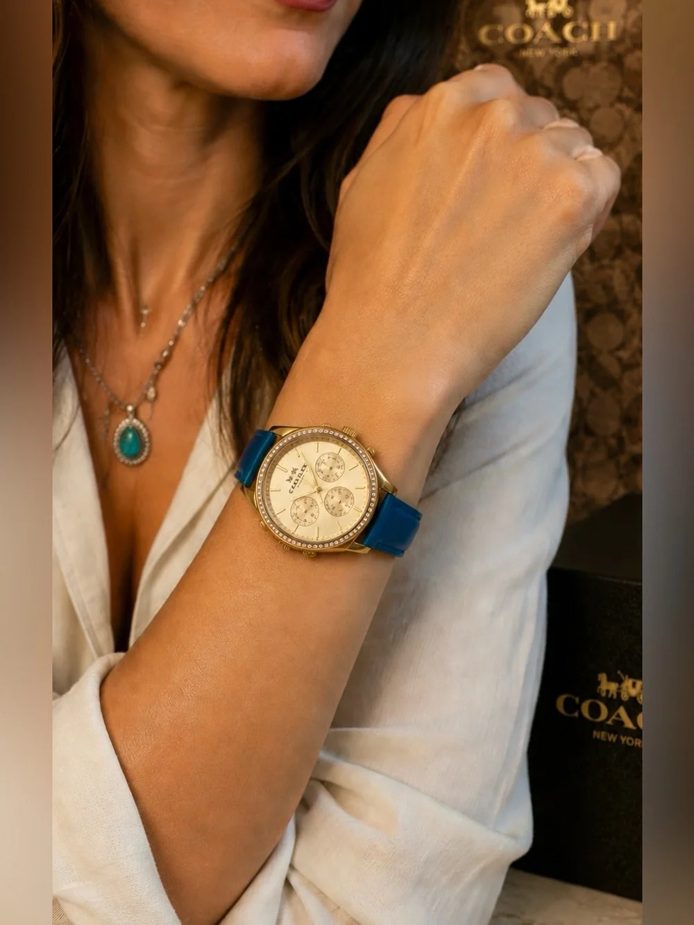 Coach Gold Plated Blue Leather Strap Swarovski Crystal Womens Boyfriend Watch